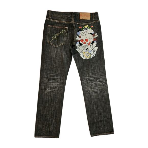 ED Hardy Jeans Men's 34x32 Love Kills Slowly Embroidered Skull Crowns Y2K - Picture 1 of 15